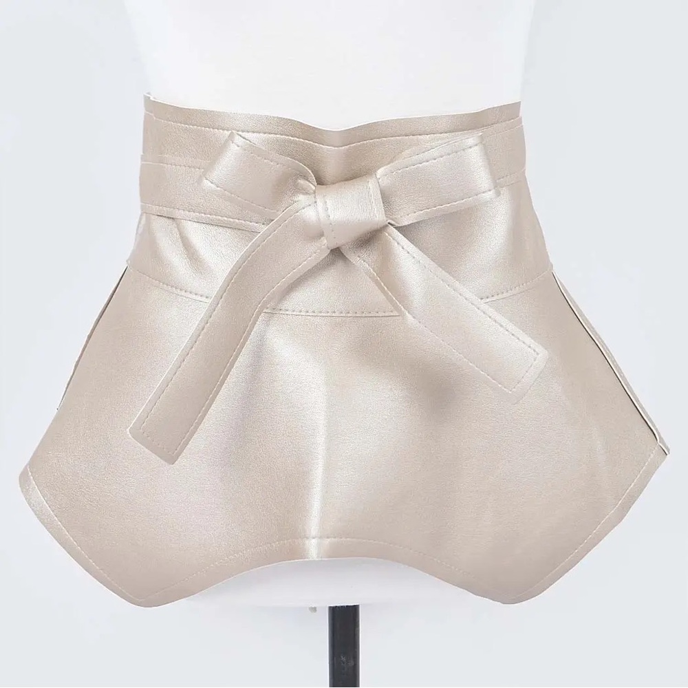 Champagne Faux Leather Skirt Belt | Wide Waist Wrap Belt | Statement Bow Tie